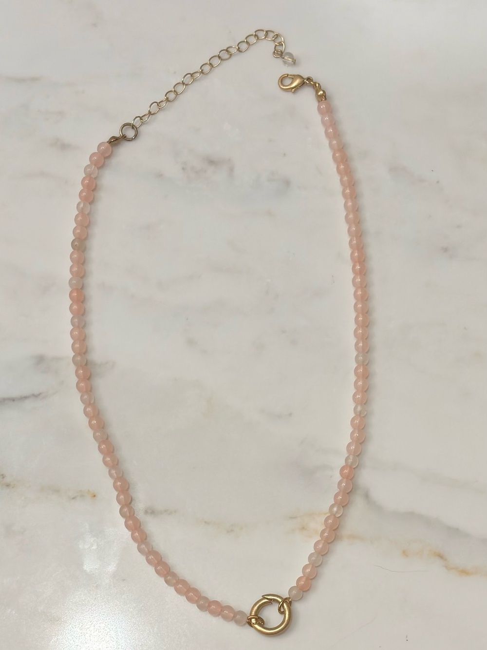 Delicate Pink Beaded Necklace with Brushed Gold Ring